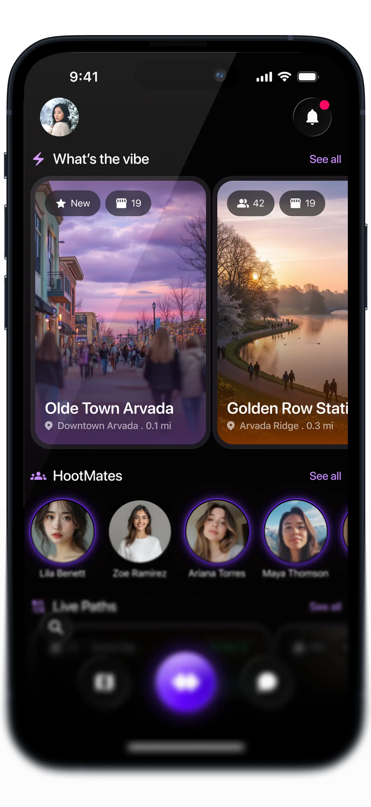 Hoot home screen mockup — live Canopy map with Big Blue Nation, nearby HootDeals, and Path tabs