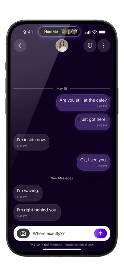 HootMe Messaging mockup — Mia conversation with voice + live capture