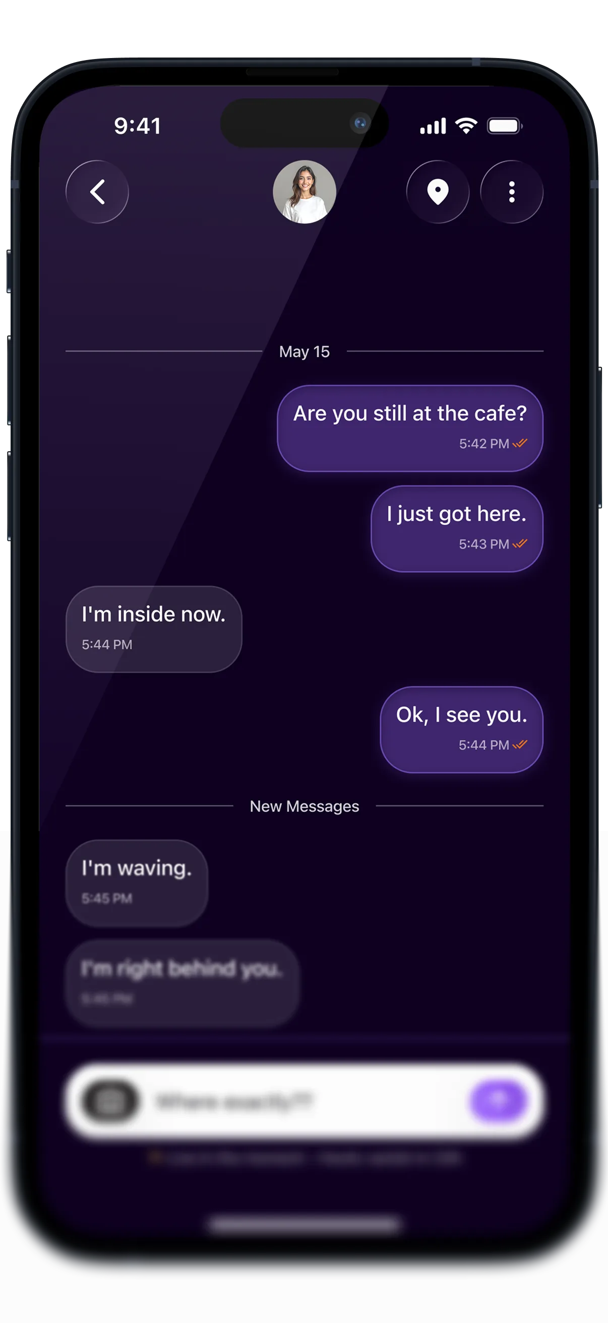 HootMe Messaging mockup — Mia conversation with voice + live capture