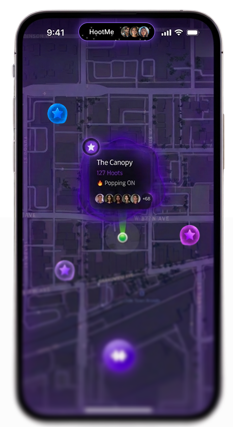 Hoot home screen mockup — live Canopy map with Big Blue Nation, nearby HootDeals, and Path tabs